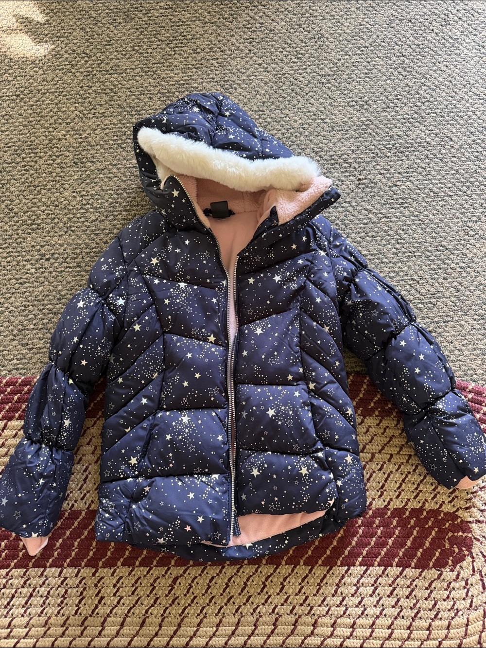 Girls' Navy Star Print Puffer Jacket with Faux Fur Hood